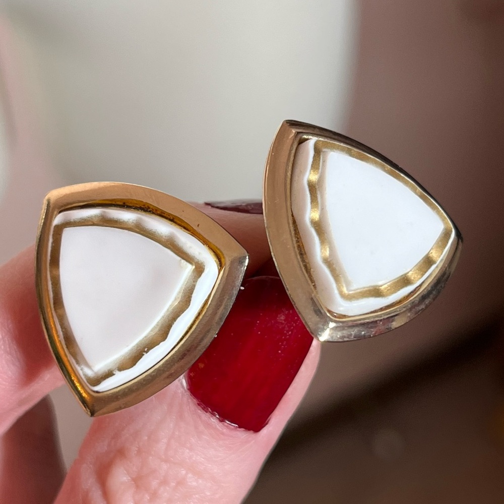 Vintage 1960 70 MCM Art deco gold white Lucite Oversized Cufflinks